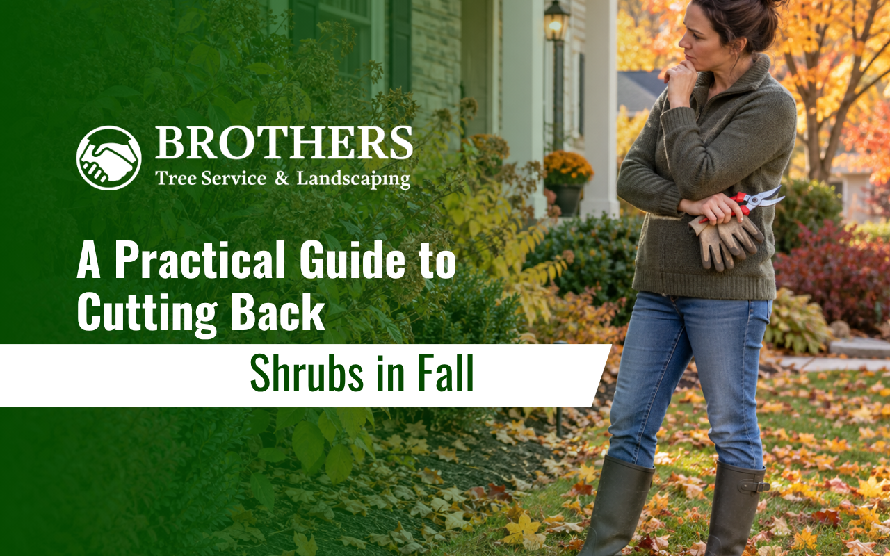 Homeowner deciding whether to cut back shrubs in the fall