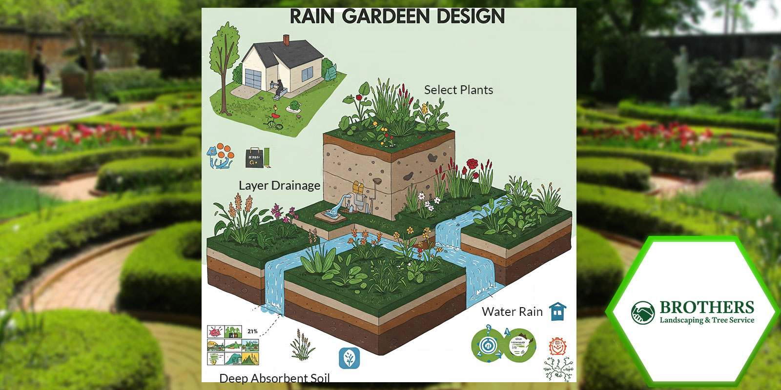 A landscaped rain garden collecting runoff near a home.