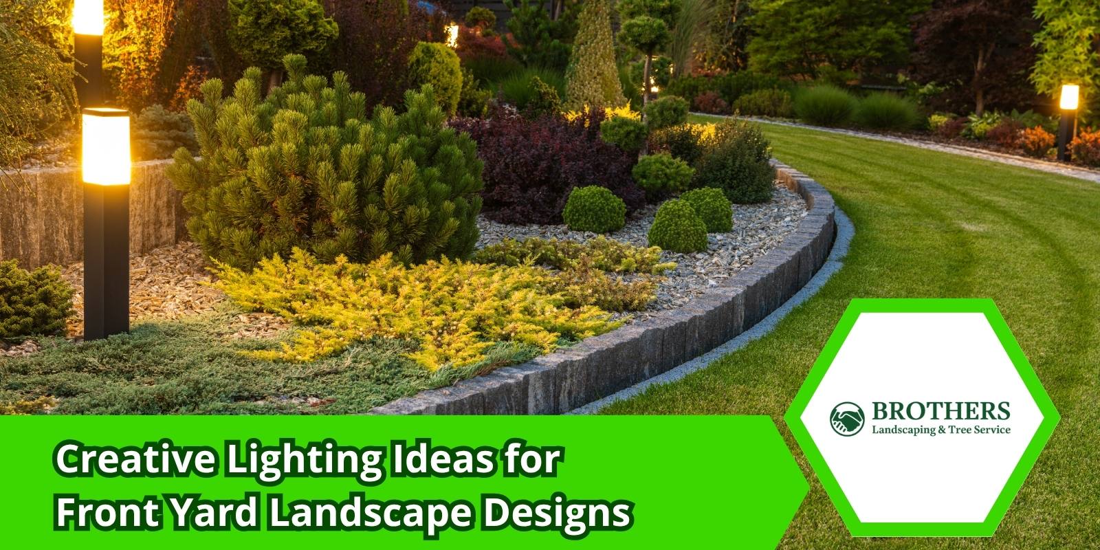 Modern front yard with pathway and landscape lighting at night