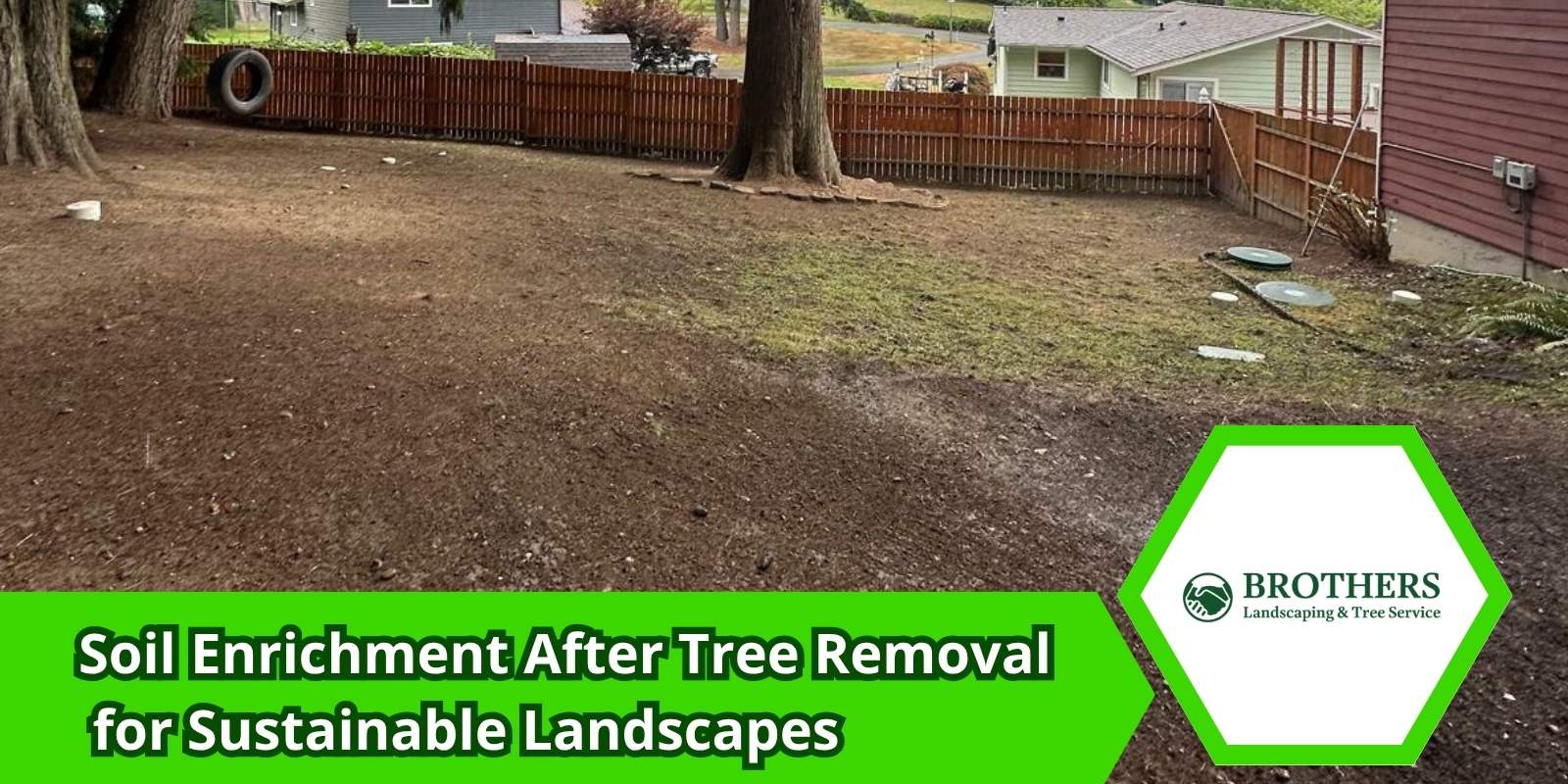 "Cleared backyard with exposed soil after tree removal, highlighting need for soil enrichment by Brothers Tree Service