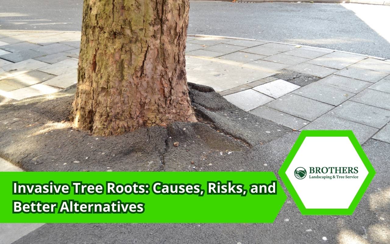 Exposed invasive tree roots damaging a concrete walkway