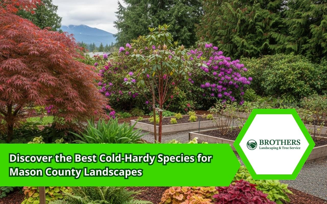 Cold-hardy species for Mason County arranged in a winter-ready garden landscape.