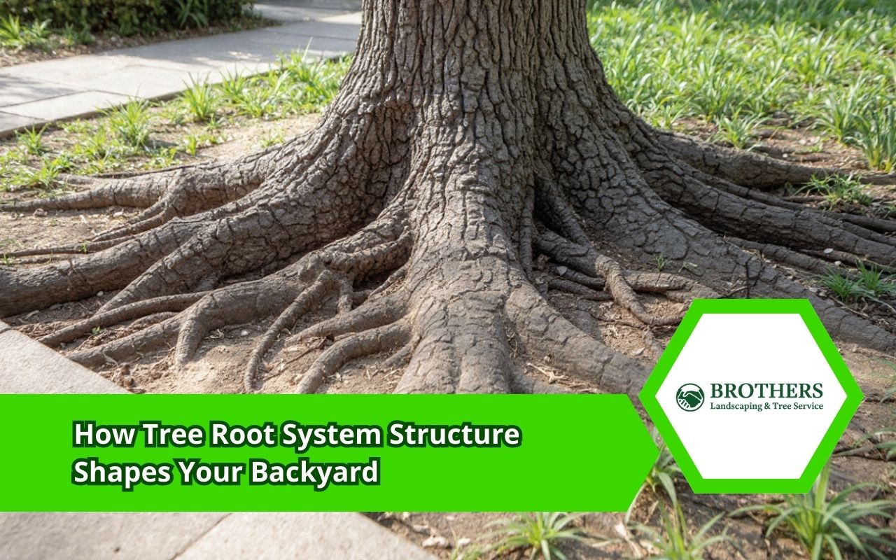 Tree root system structure beneath a backyard lawn near a patio edge