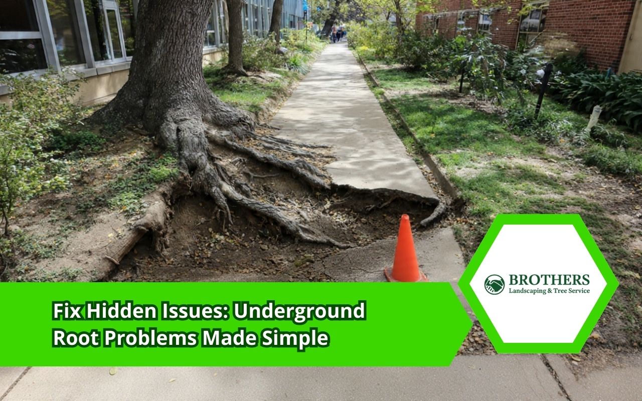 Underground Root Problems warning signs like soggy patches and slow drains in a residential yard