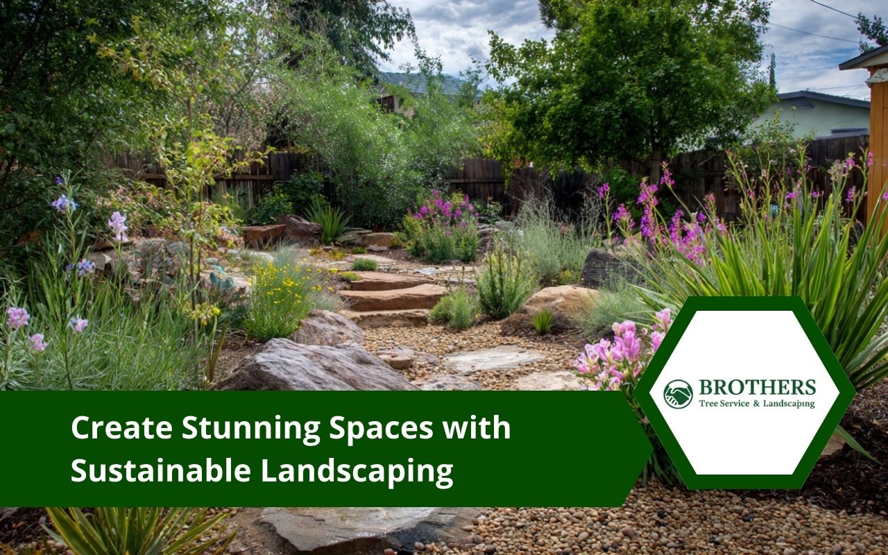 Sustainable Landscaping backyard with native plants, mulch, and a water-wise layout