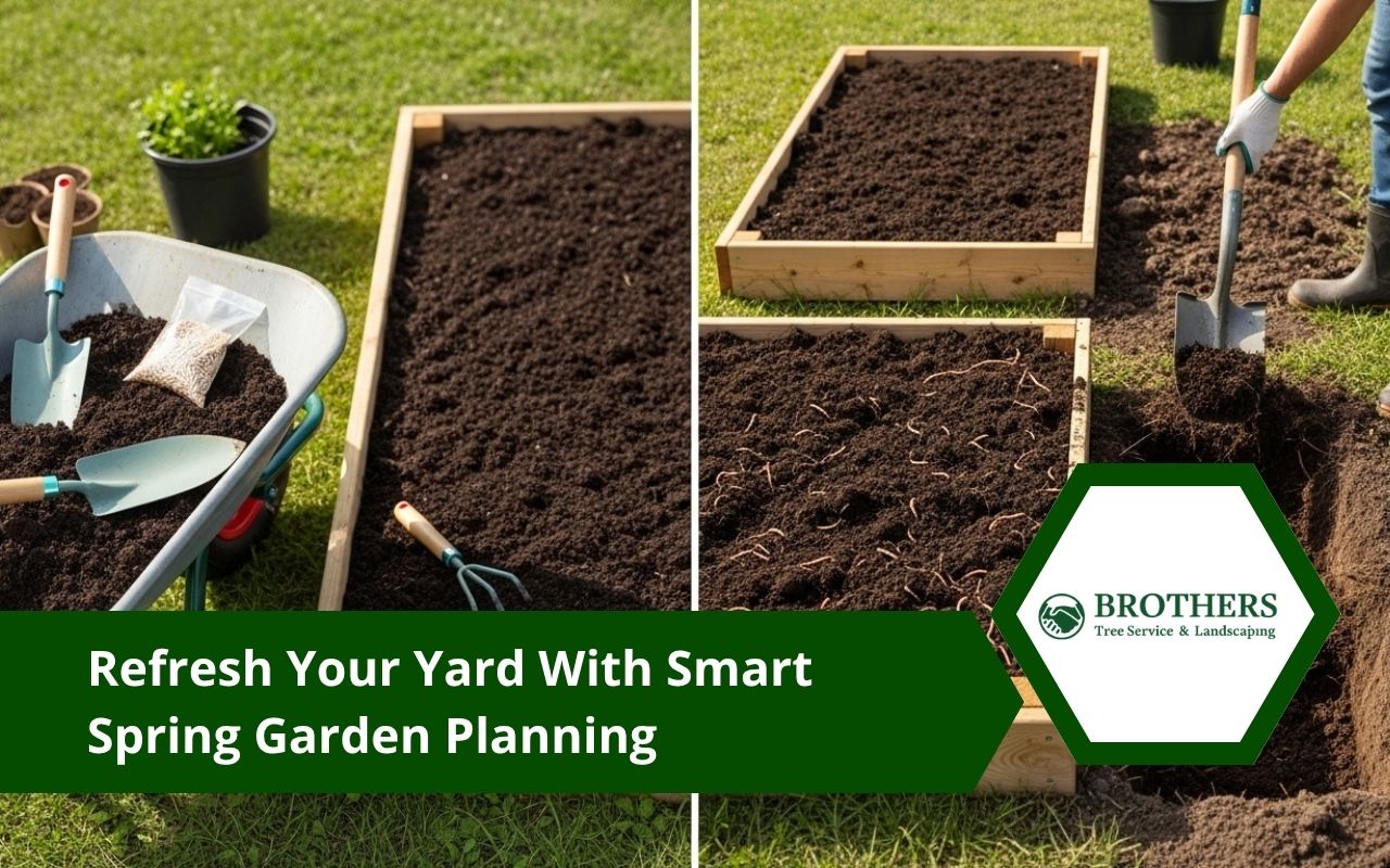 spring landscape prep with yard cleanup and fresh garden beds