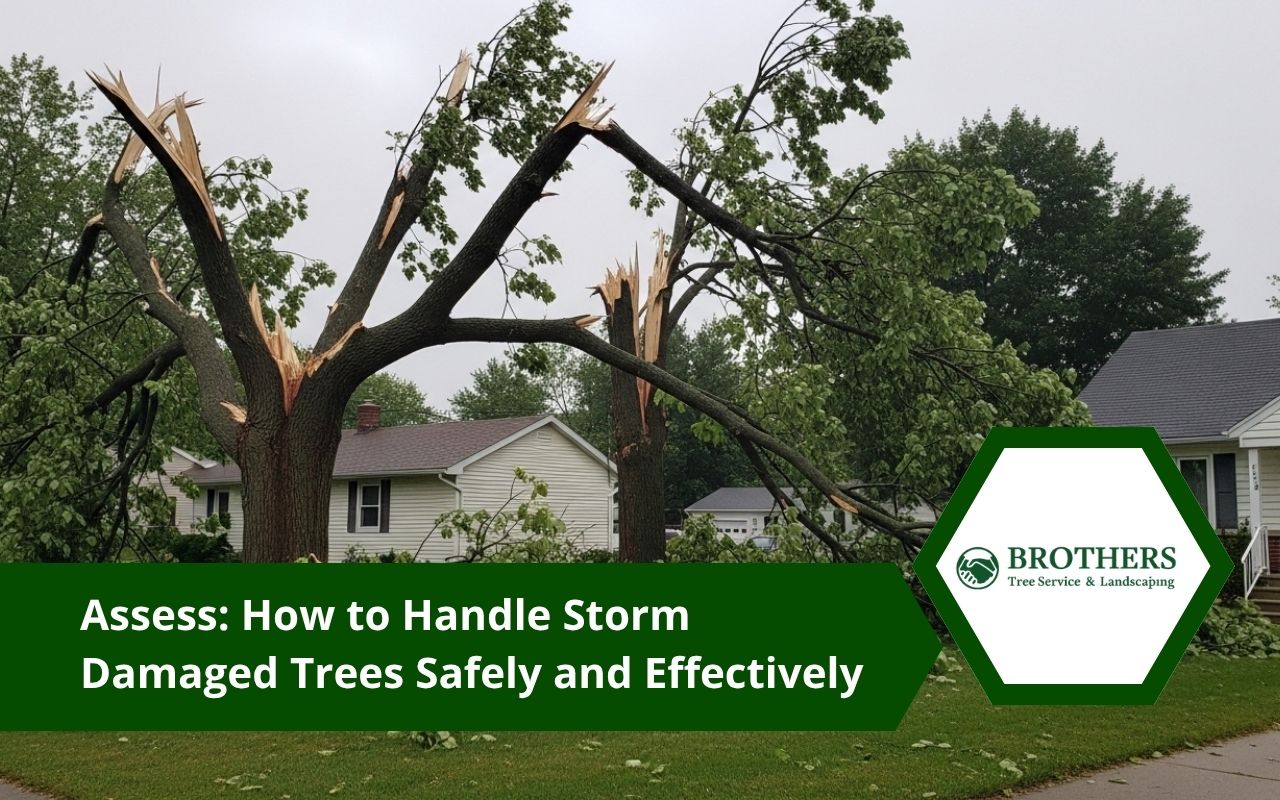 Storm damaged trees with broken branches in a residential yard