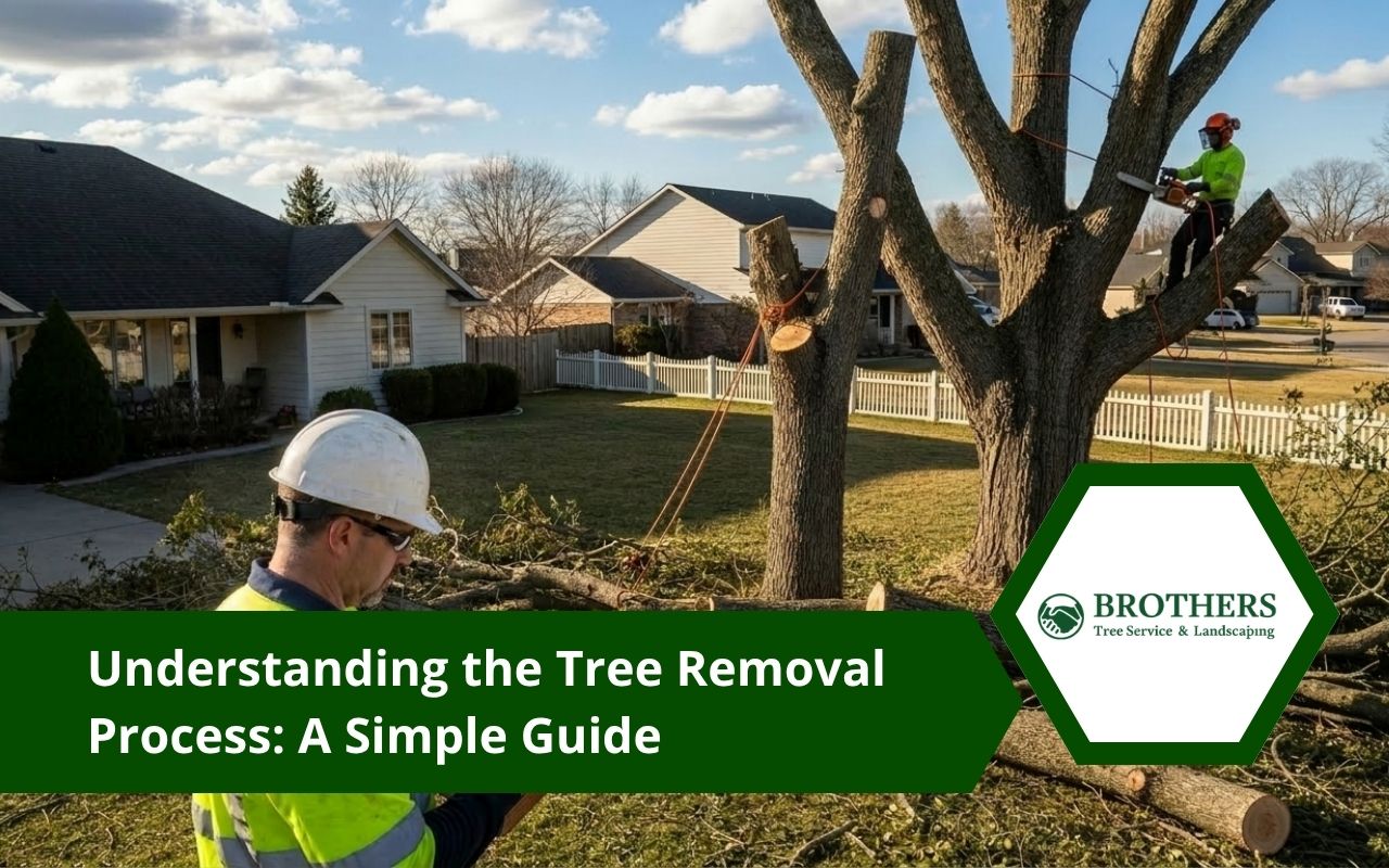Tree removal process inspection near a residential yard