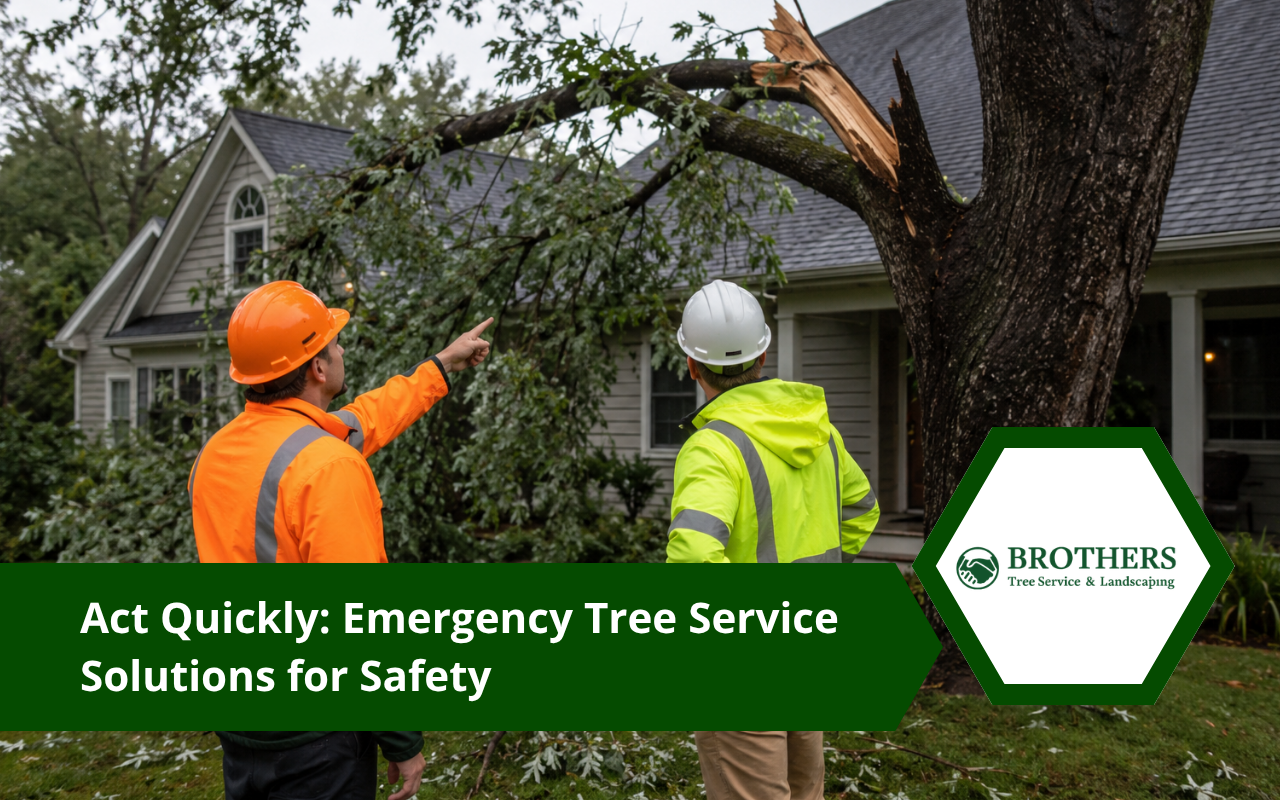 Emergency tree service crew assessing storm damage near a home