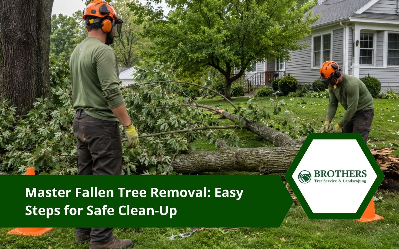 Crew preparing fallen tree removal after a tree falls in a yard