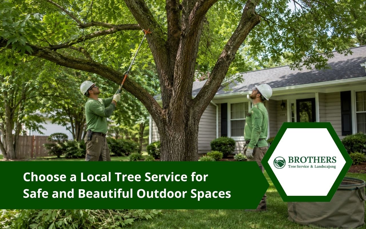 Local tree service team caring for trees in a residential yard