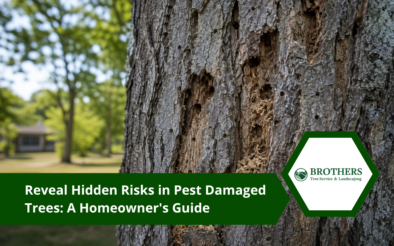 Warning signs of pest damaged trees visible on the bark