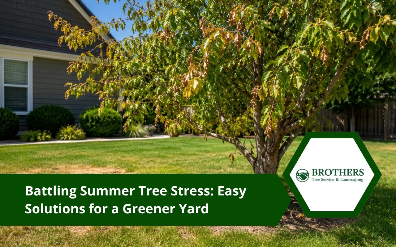 Tree showing summer tree stress signs in a sunny yard