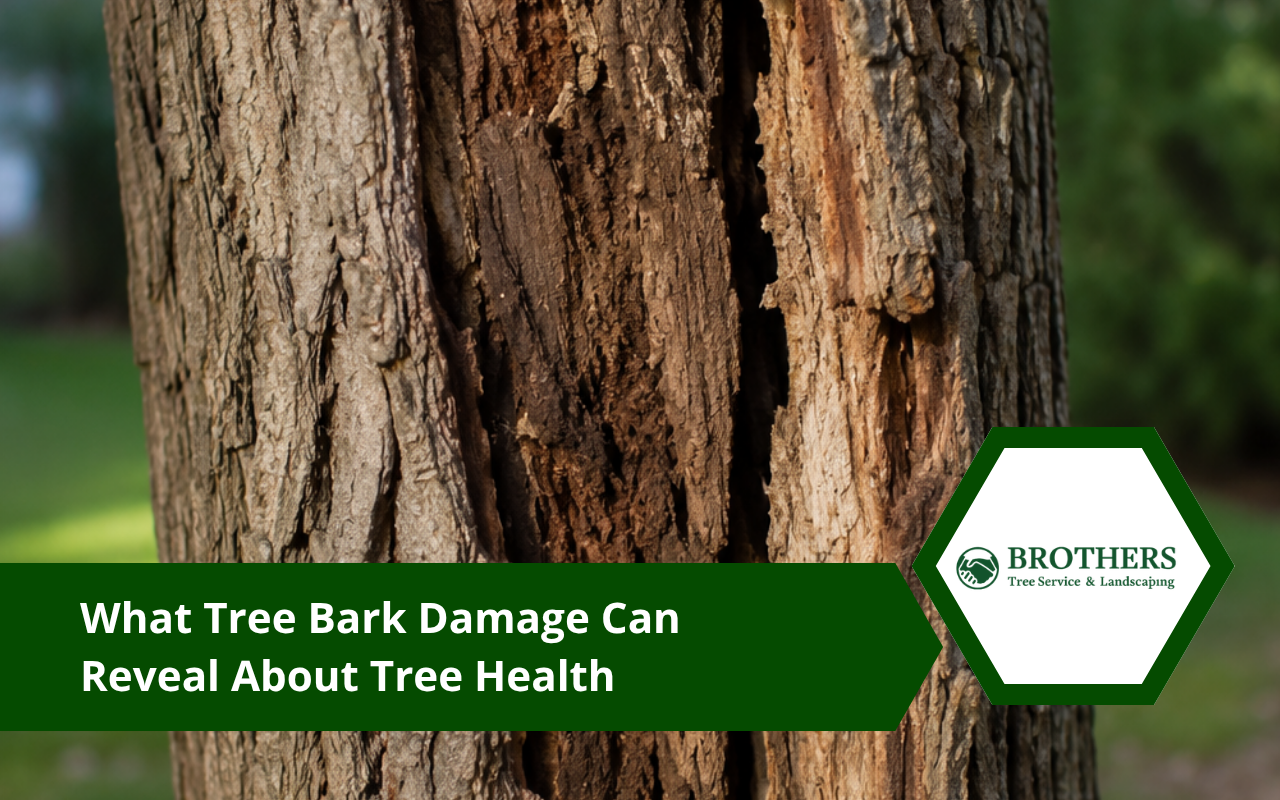 Visible tree bark damage with cracking along the trunk